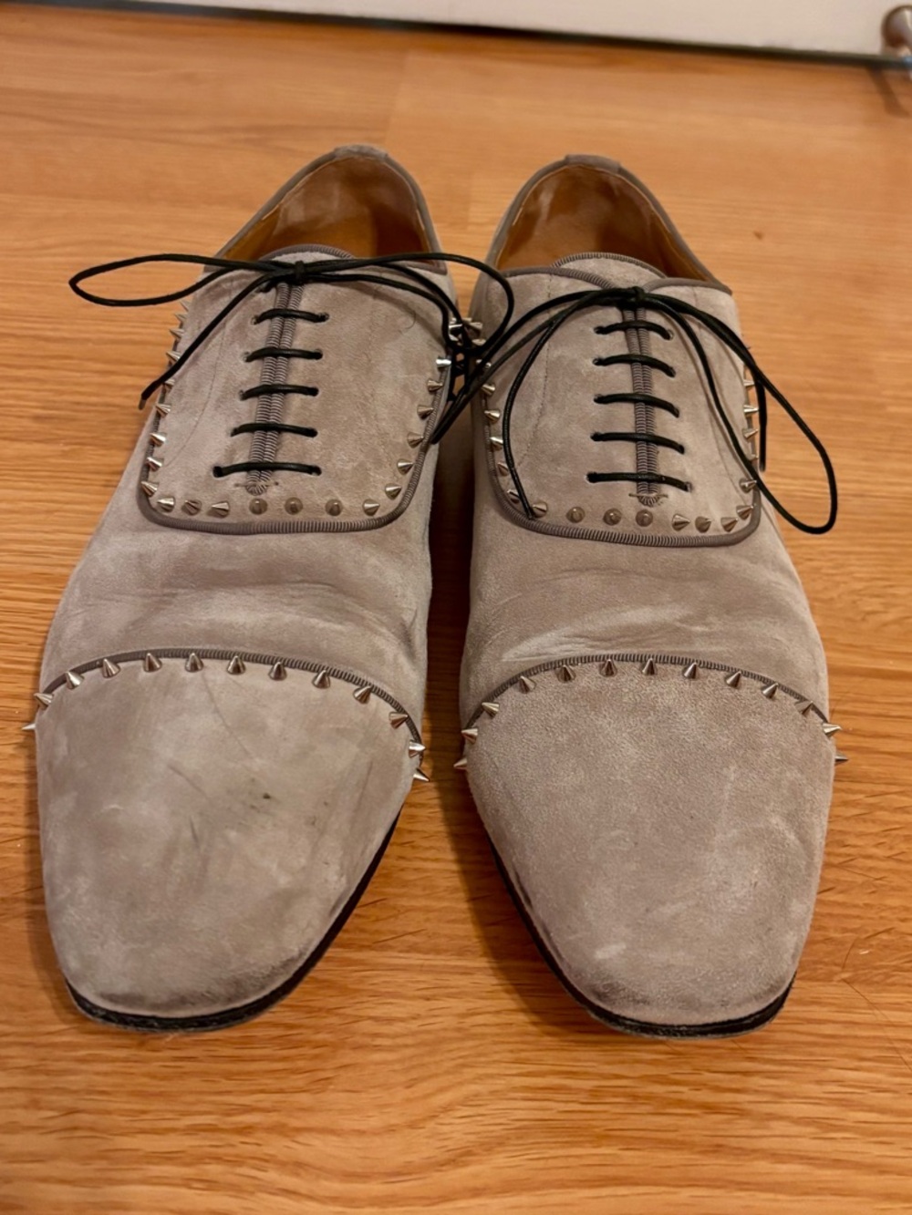 Christian Louboutin Gray Suede Studded Lace-Up Oxfords - Picture 2 of 10